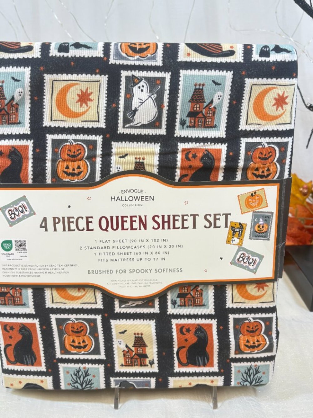 Envogue QUEEN Sheet Set Halloween Icons Stamps Cat Pumpkin Ghost Haunted House - Picture 2 of 7